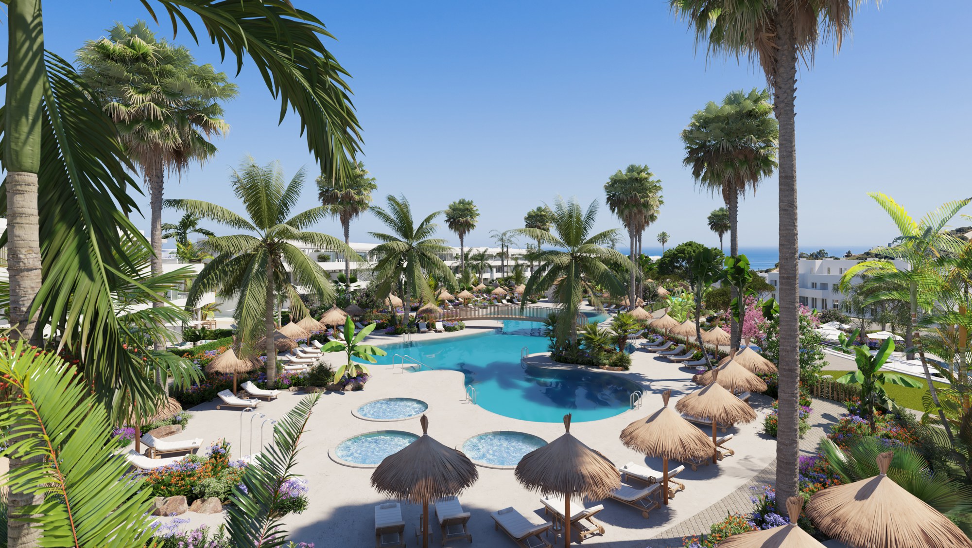 Illustrative communal pool and apartments beside golf in Alcaidesa
