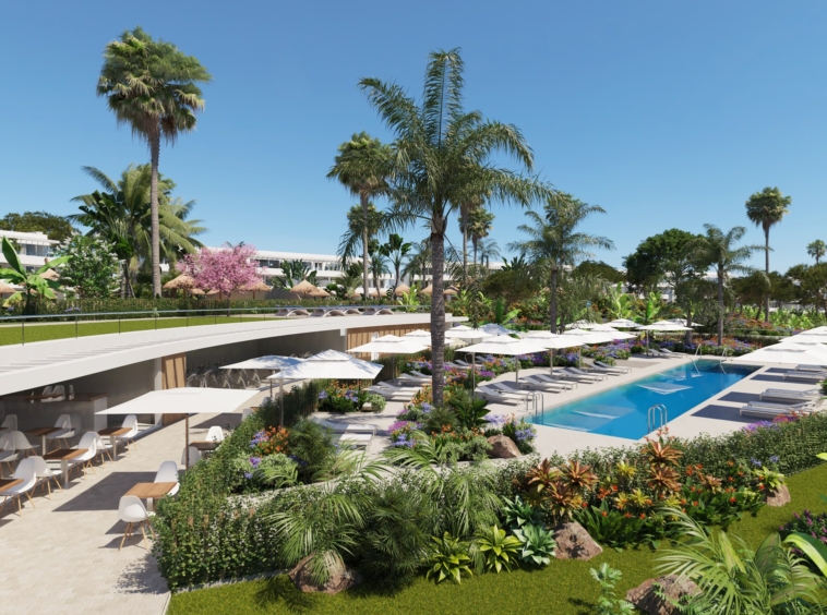 Illustrative shared swimming pool and landscaped grounds in Alcaidesa