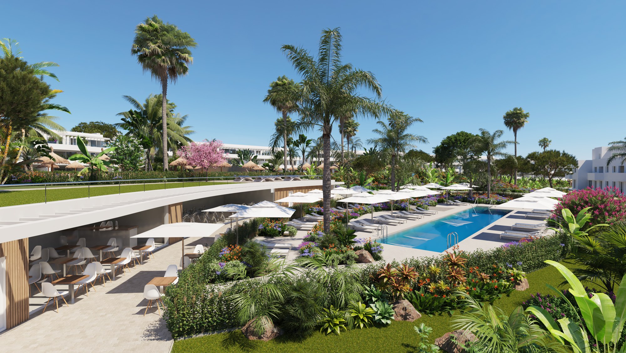 Illustrative shared swimming pool and landscaped grounds in Alcaidesa