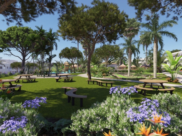 Illustrative landscaped communal garden and picnic area in Alcaidesa