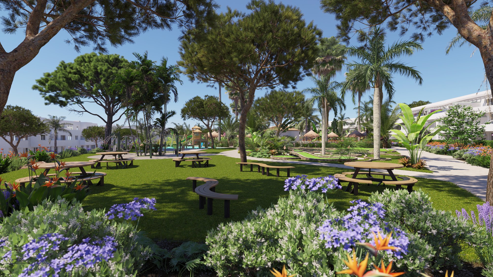 Illustrative landscaped communal garden and picnic area in Alcaidesa