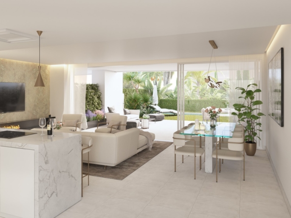 Illustrative living room opening onto a terrace and garden in Alcaidesa
