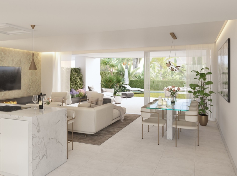 Illustrative living room opening onto a terrace and garden in Alcaidesa