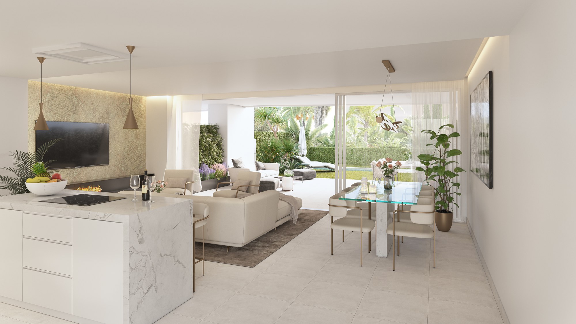 Illustrative living room opening onto a terrace and garden in Alcaidesa