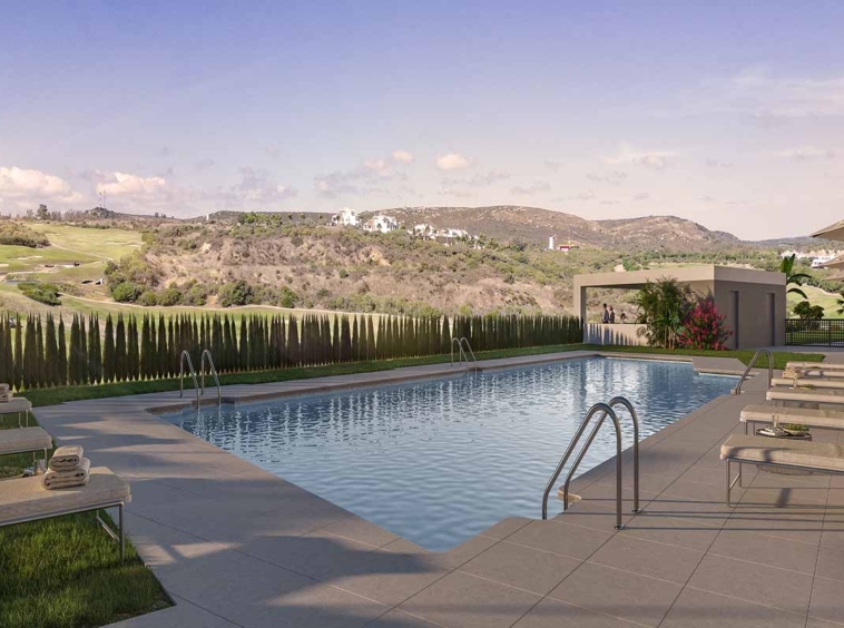 Illustrative communal swimming pool beside the golf course