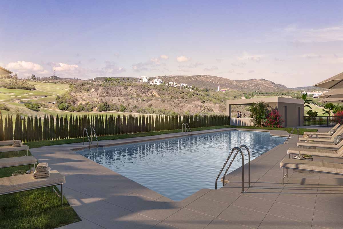 Illustrative communal swimming pool beside the golf course