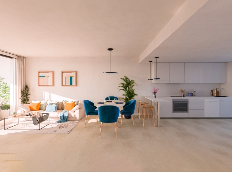 Illustrative open living room and fitted kitchen