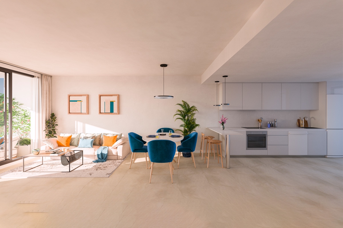 Illustrative open living room and fitted kitchen