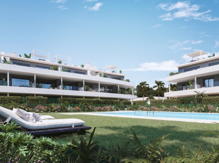 Illustrative communal pool and apartment exterior