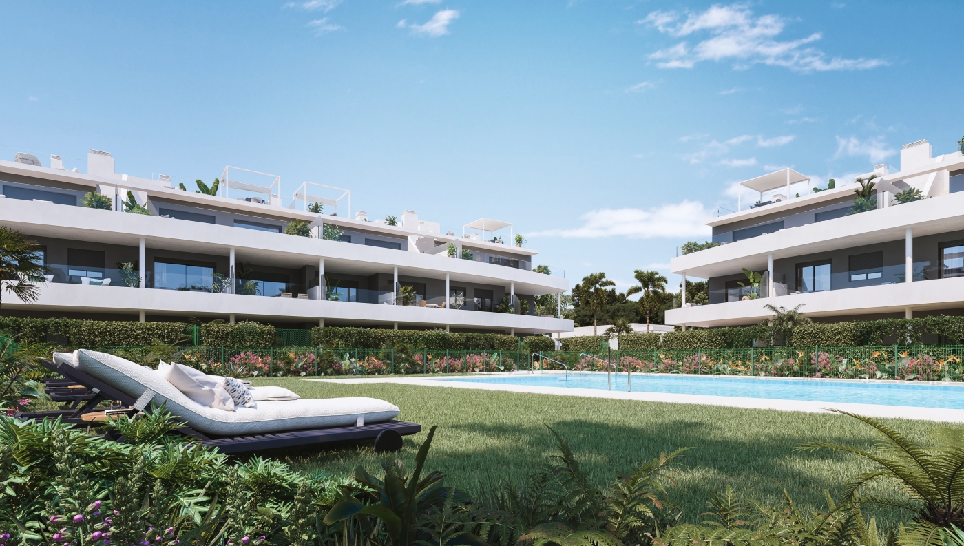 Illustrative communal pool and apartment exterior
