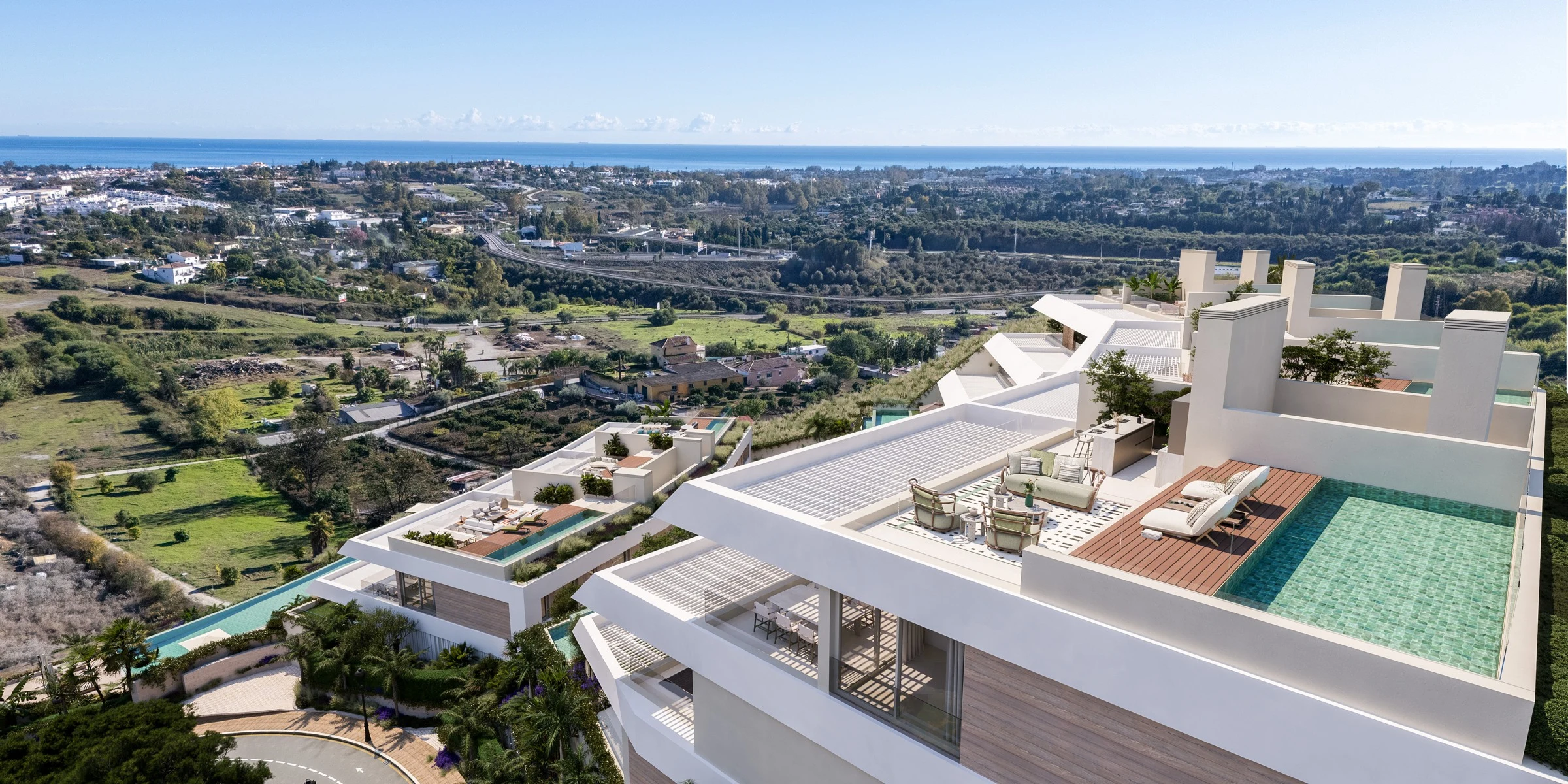 Illustrative rooftop pools and terraces at new residences in Benahavis