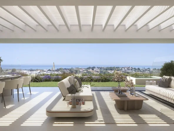 Illustrative pergola terrace with coastal outlook in Benahavis