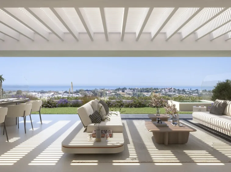 Illustrative pergola terrace with coastal outlook in Benahavis
