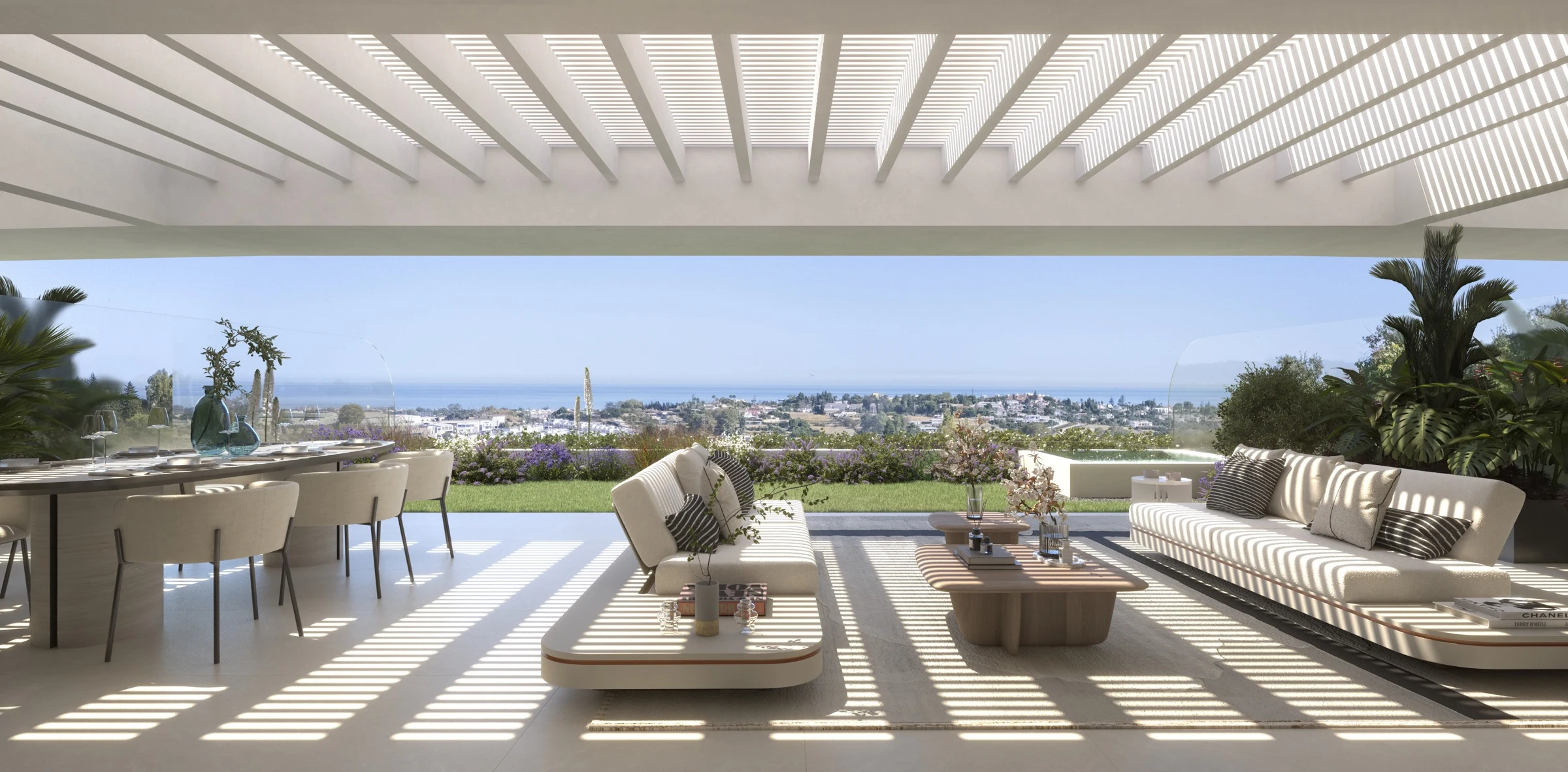 Illustrative pergola terrace with coastal outlook in Benahavis