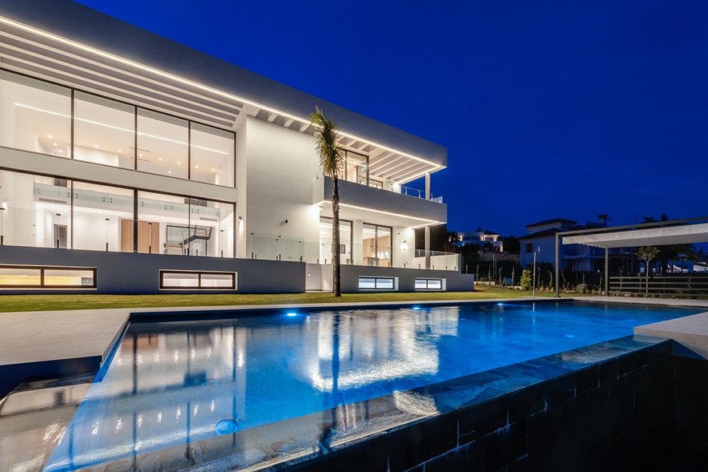 Evening view of the villa and private pool