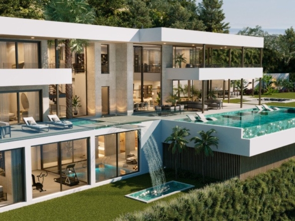 Illustrative villa exterior with infinity pool