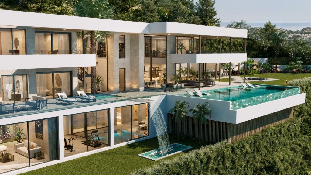 Illustrative villa exterior with infinity pool