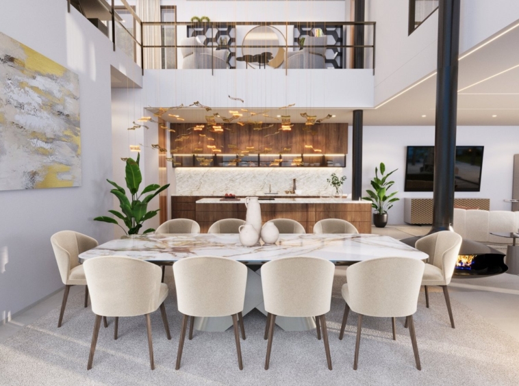 Illustrative dining room with double-height ceiling