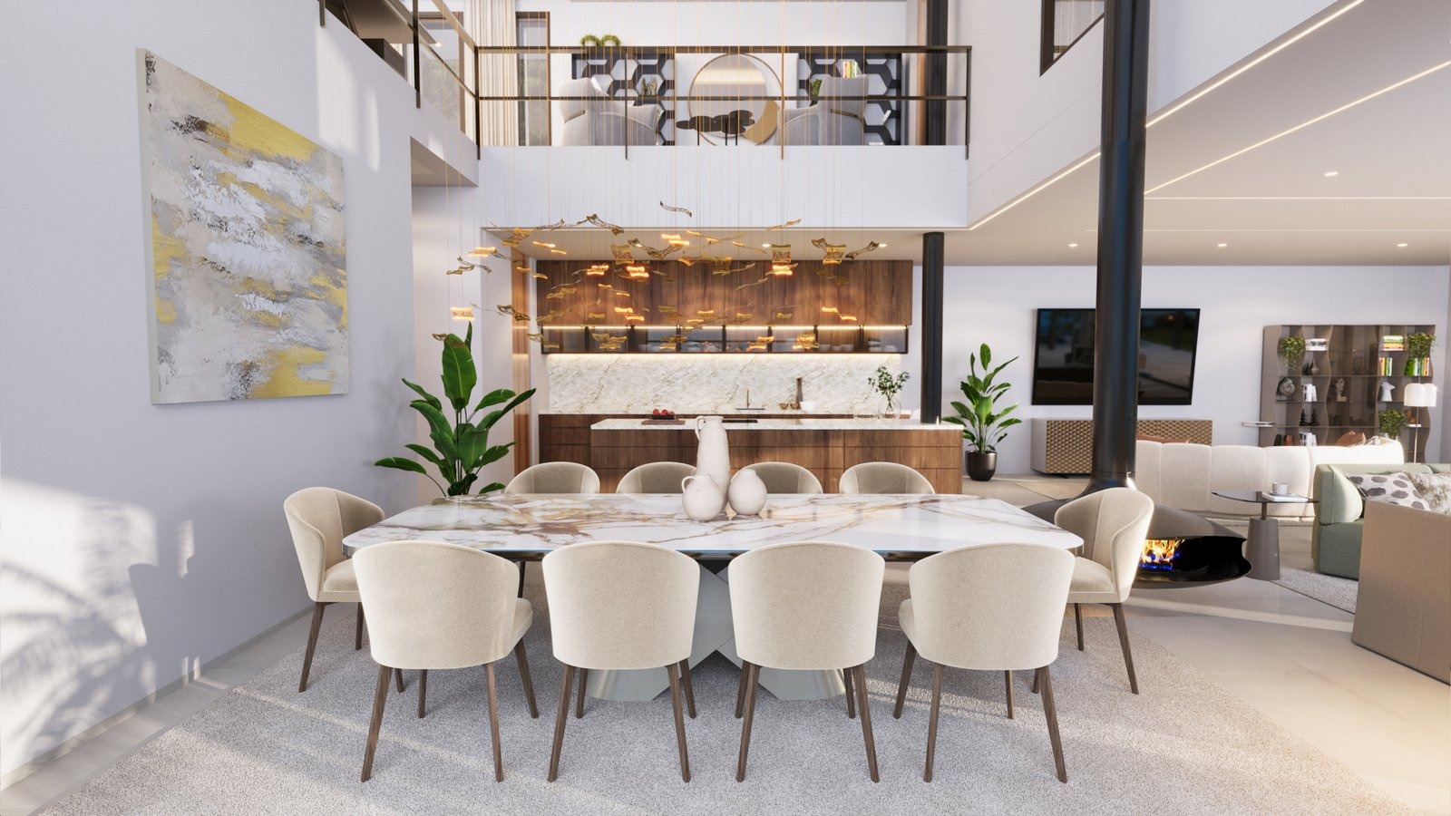 Illustrative dining room with double-height ceiling