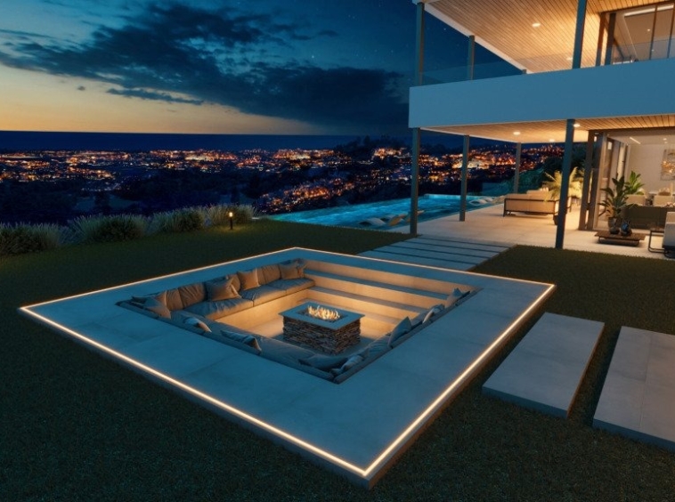 Illustrative outdoor seating area at dusk