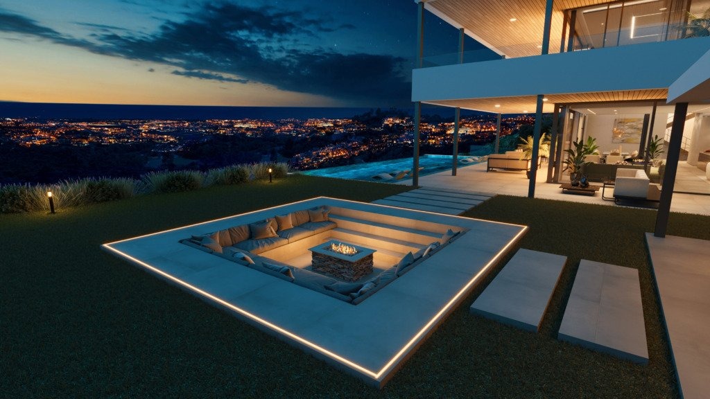 Illustrative outdoor seating area at dusk