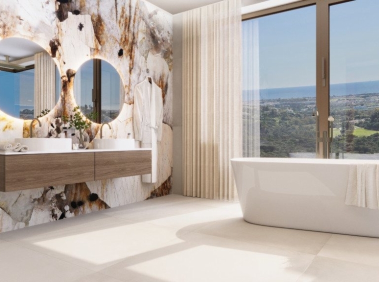 Illustrative bathroom with coastal views