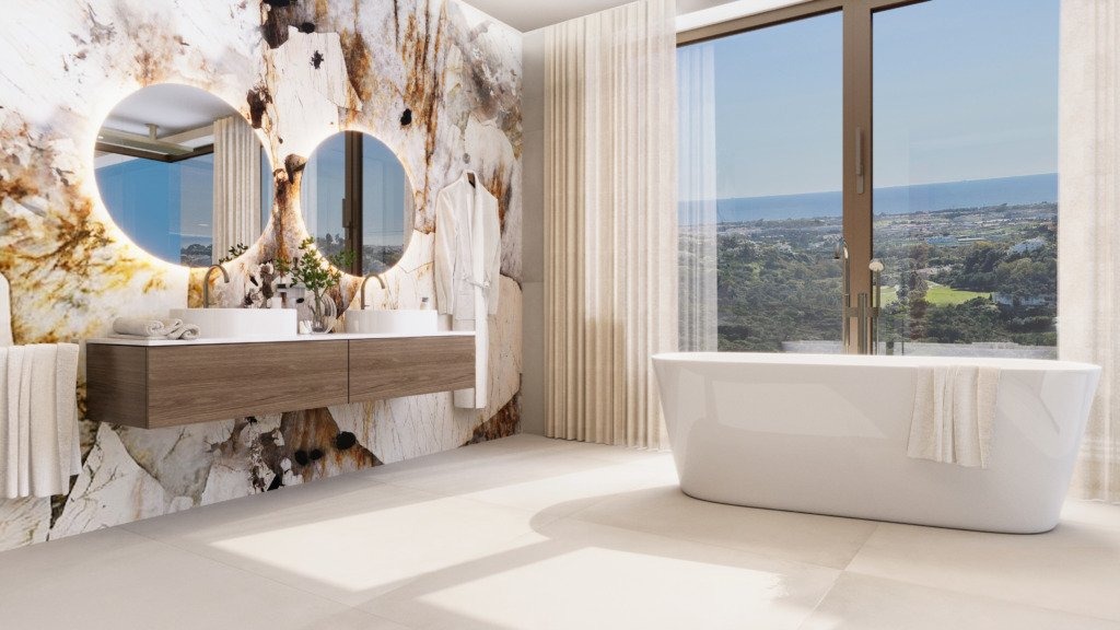 Illustrative bathroom with coastal views