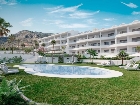 Architectural illustration of apartments and a communal swimming pool in Benalmadena