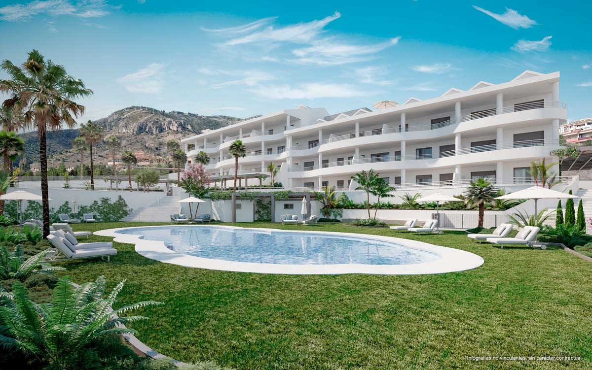 Architectural illustration of apartments and a communal swimming pool in Benalmadena