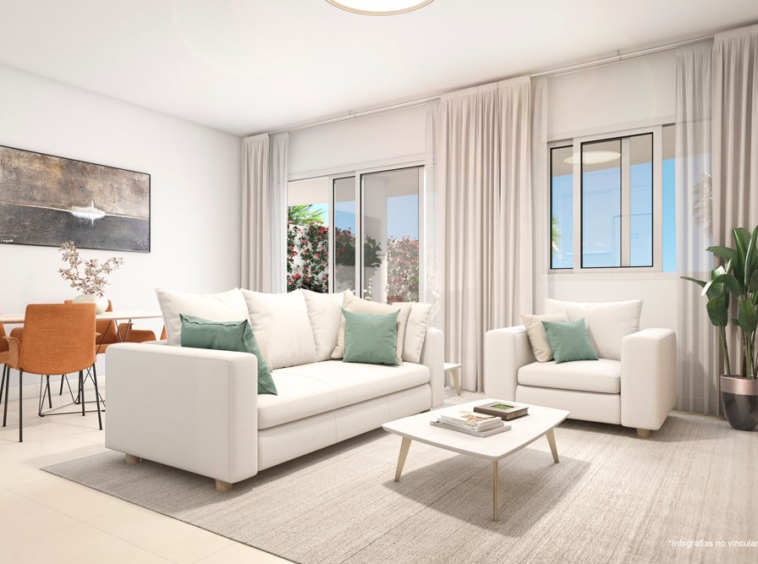 Representative bright living room opening onto a terrace