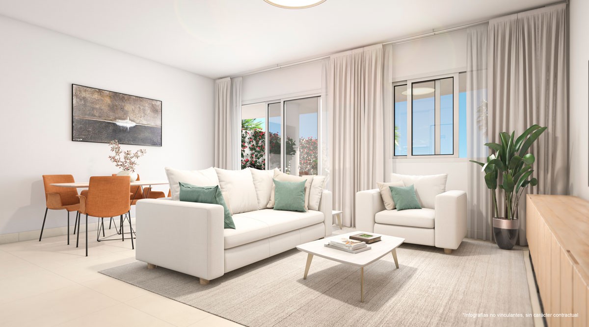 Representative bright living room opening onto a terrace