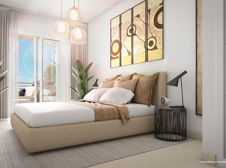Illustrated bedroom with built-in storage