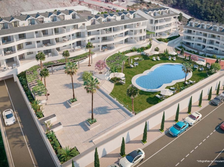 Architectural overview of the apartments and landscaped communal areas