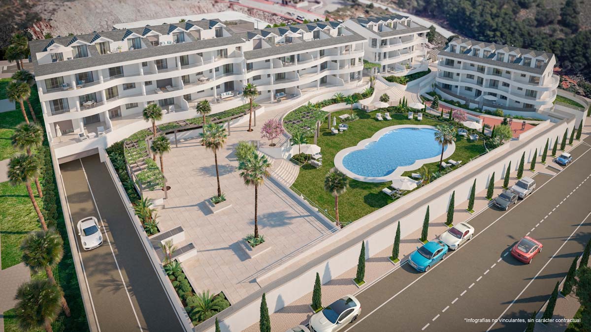 Architectural overview of the apartments and landscaped communal areas