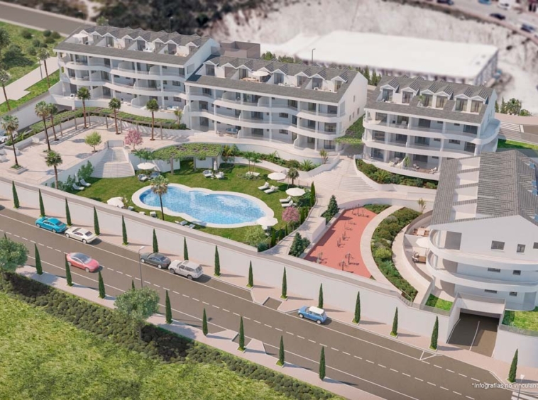 Illustrated communal pool and gardens viewed from above
