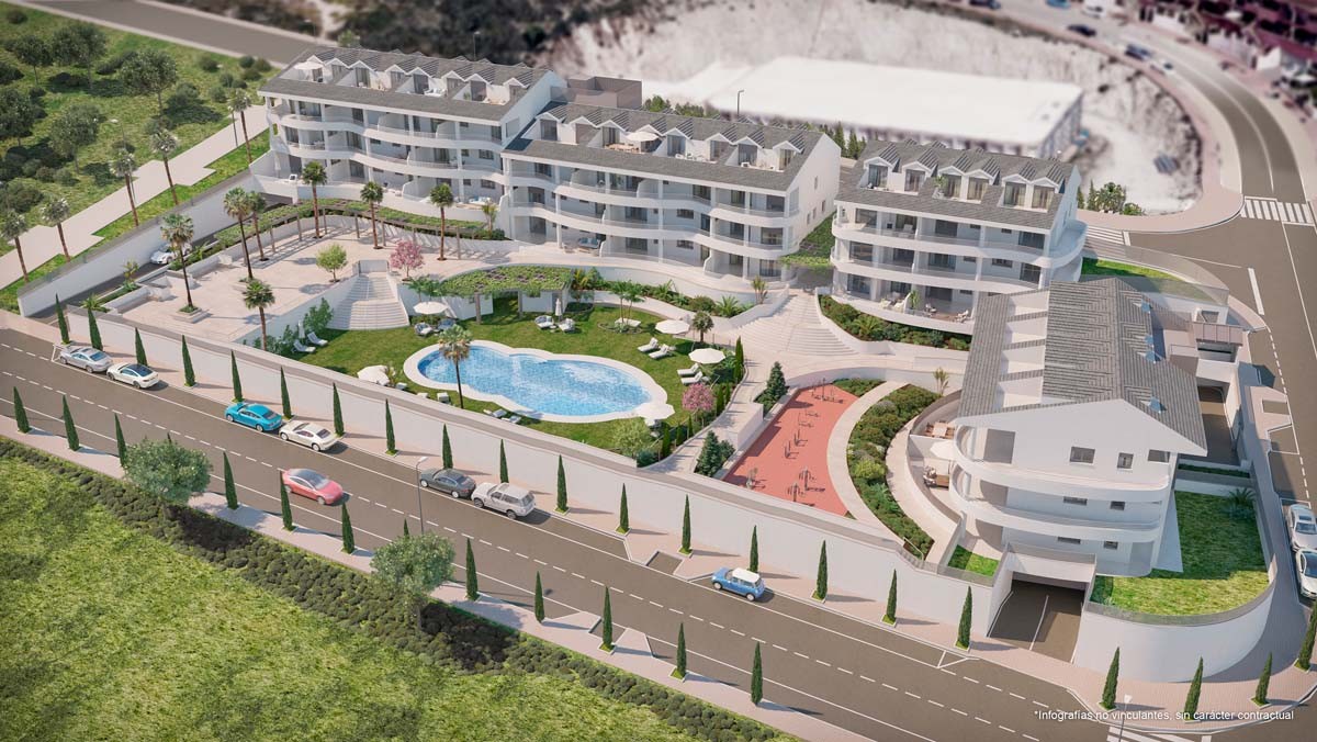 Illustrated communal pool and gardens viewed from above