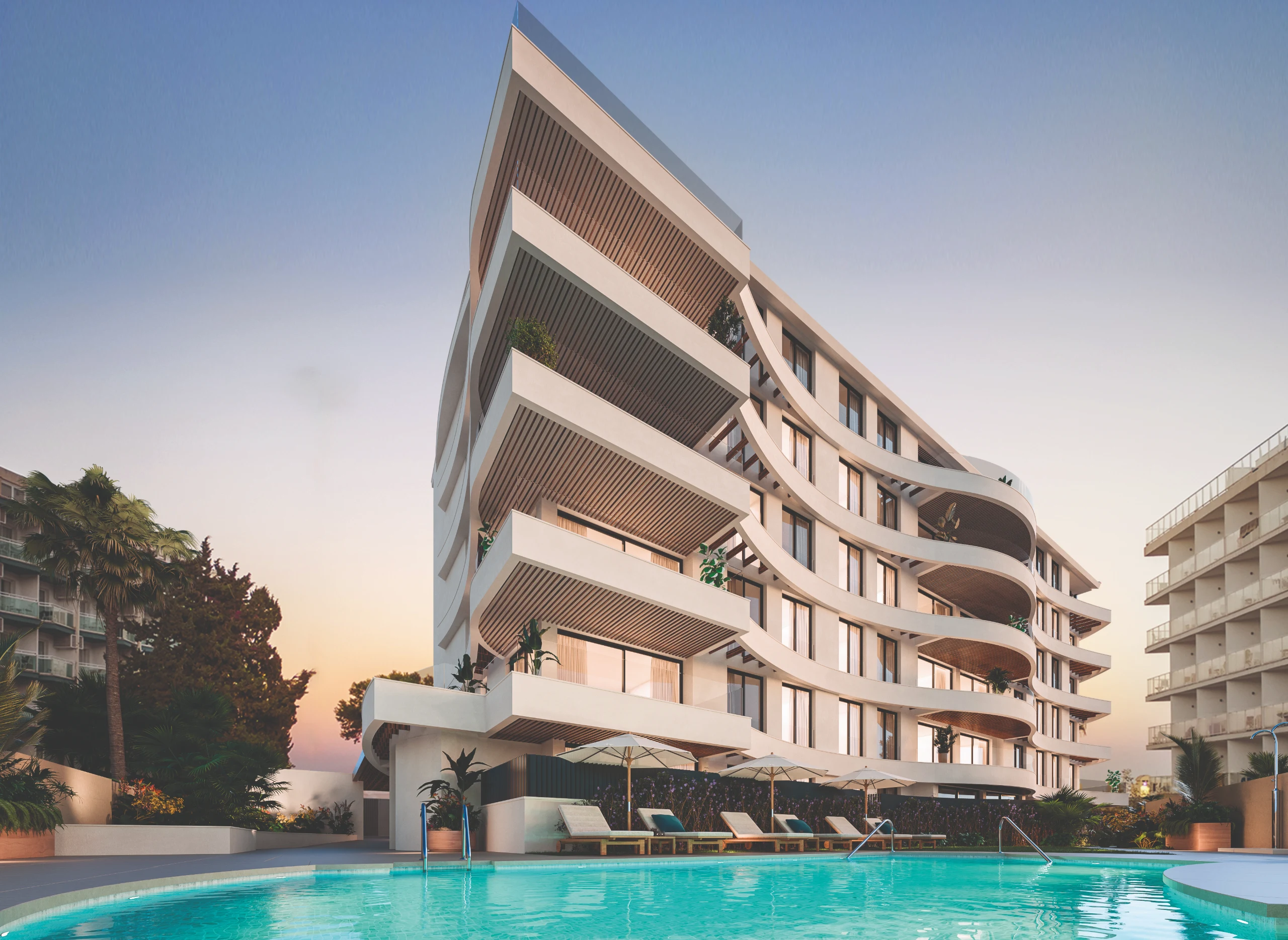 Illustrative apartment building and communal swimming pool in Benalmadena
