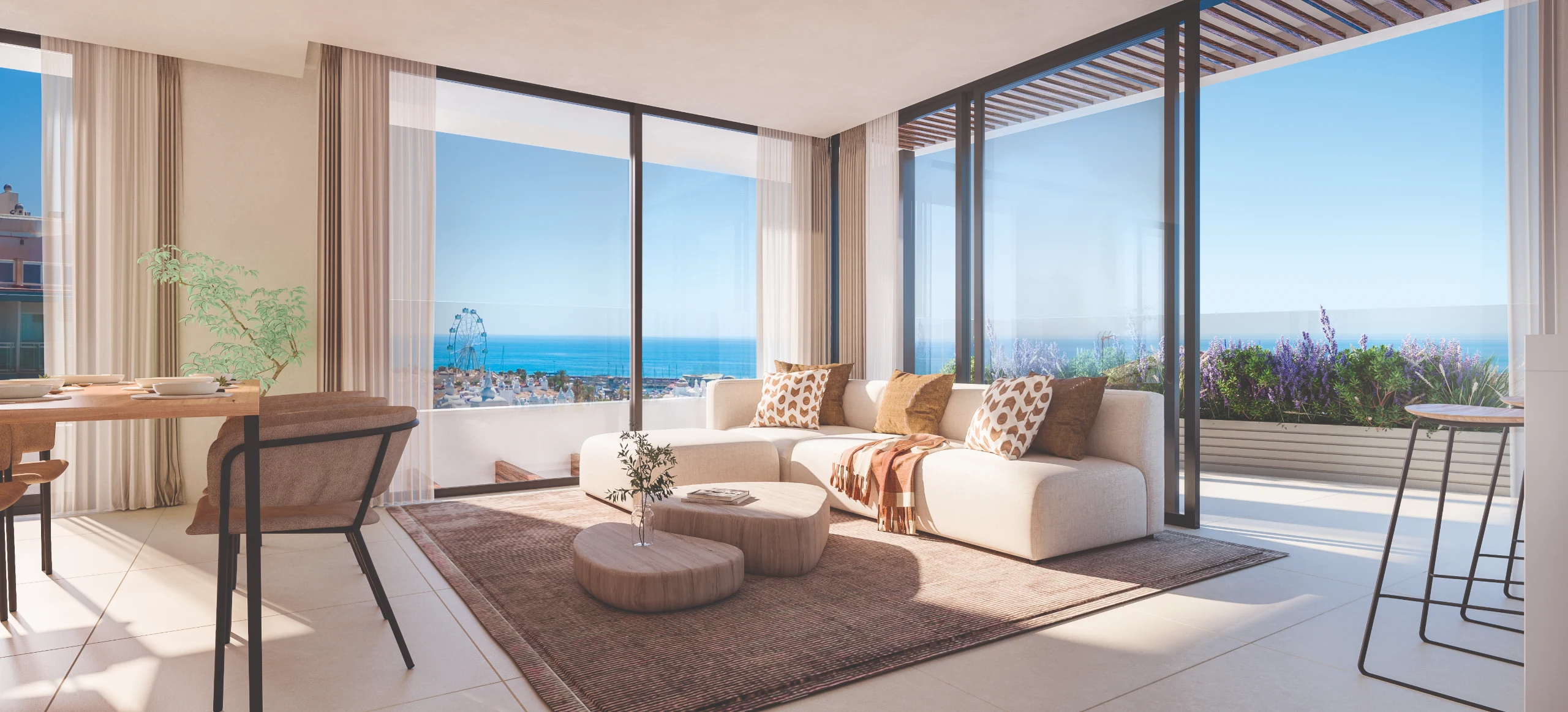 Illustrative living room opening onto a sea-view terrace in Benalmadena