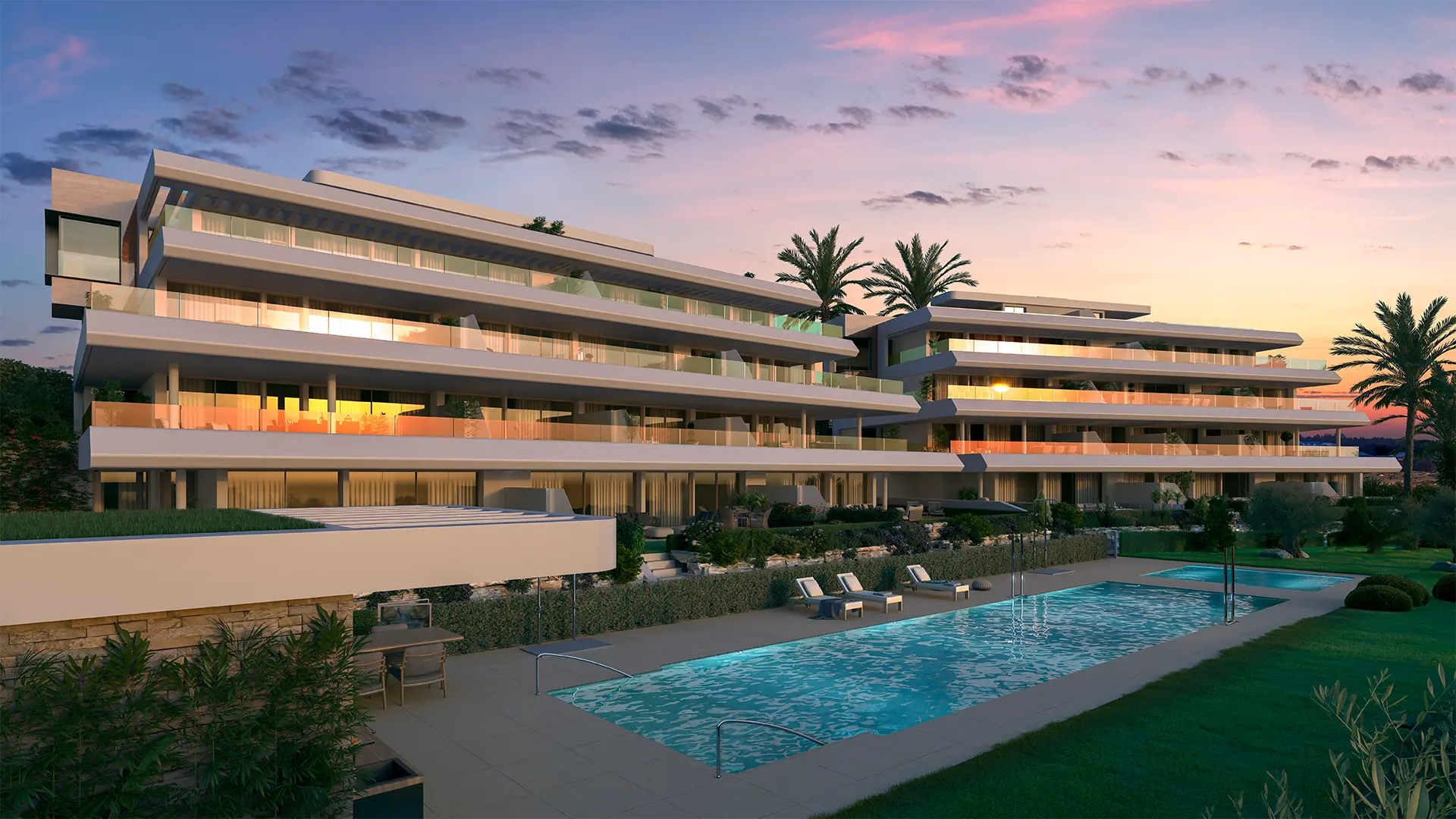 Illustrative apartments and communal pool at dusk in Buenas Noches