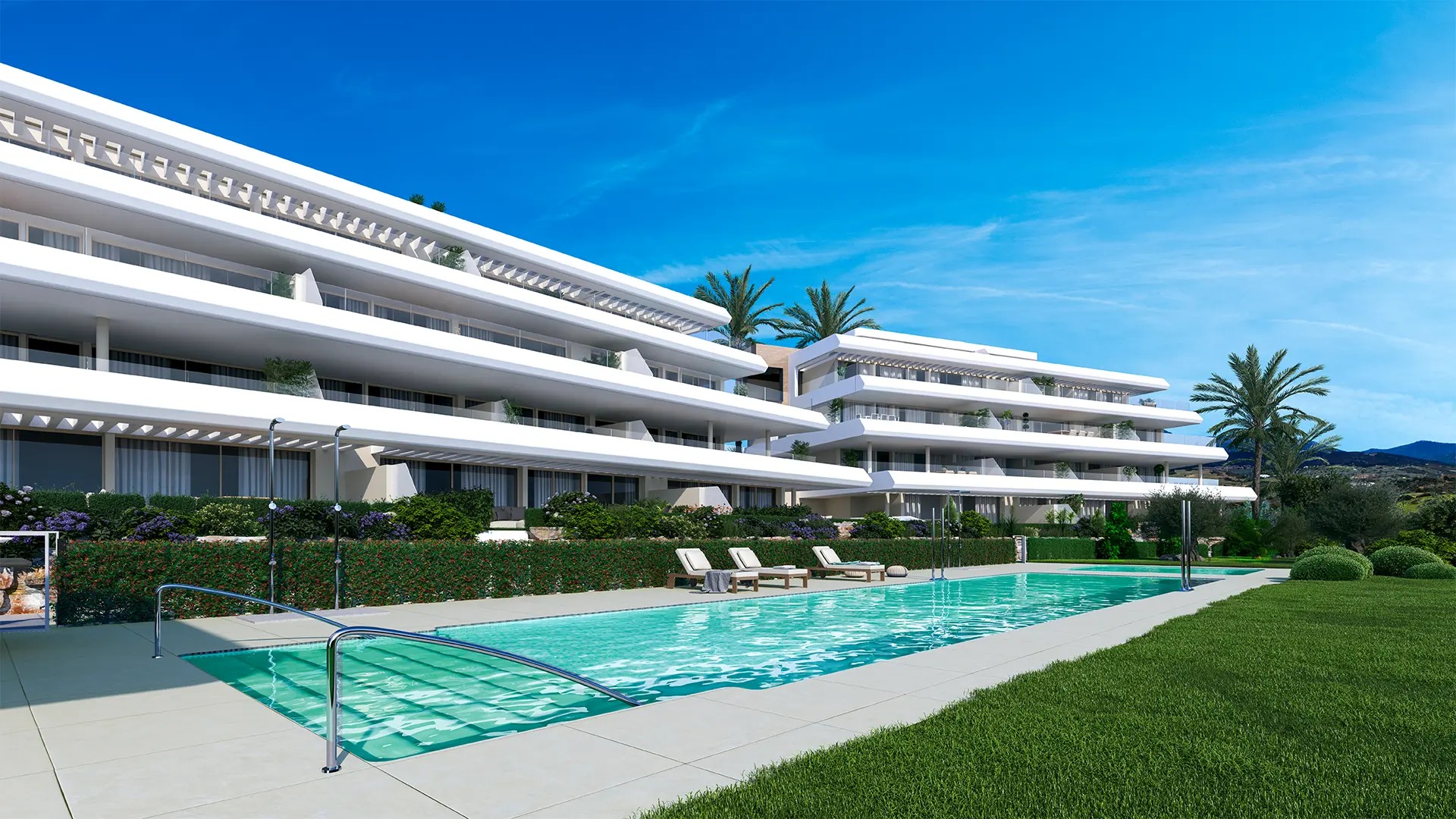 Illustrative communal swimming pool and landscaped grounds in Estepona