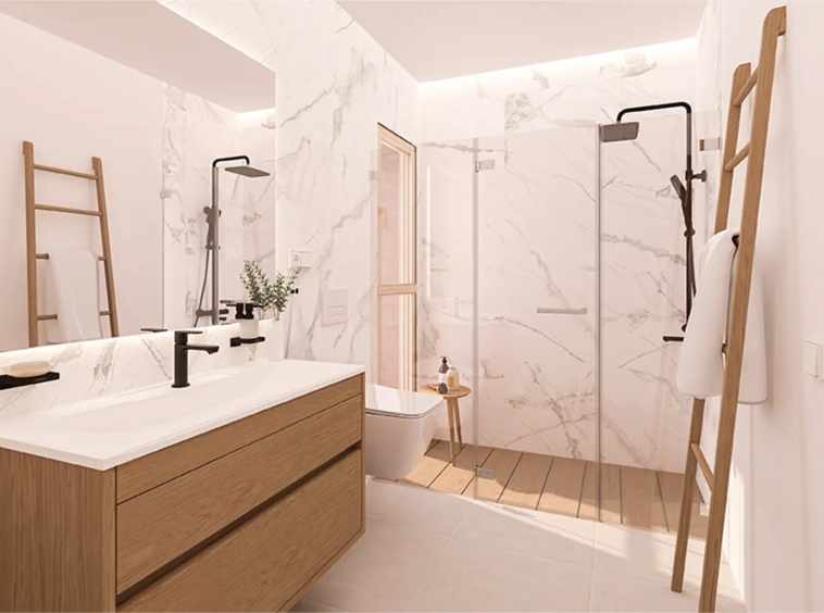 Illustrative bathroom with walk-in shower in Buenas Noches