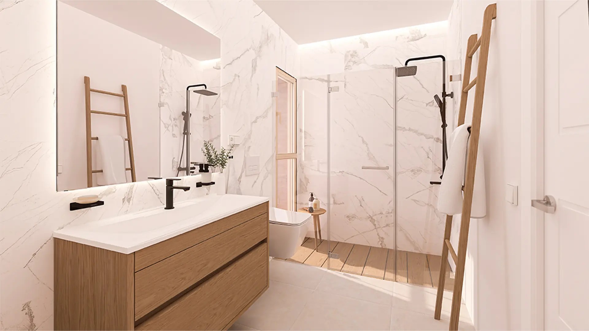 Illustrative bathroom with walk-in shower in Buenas Noches