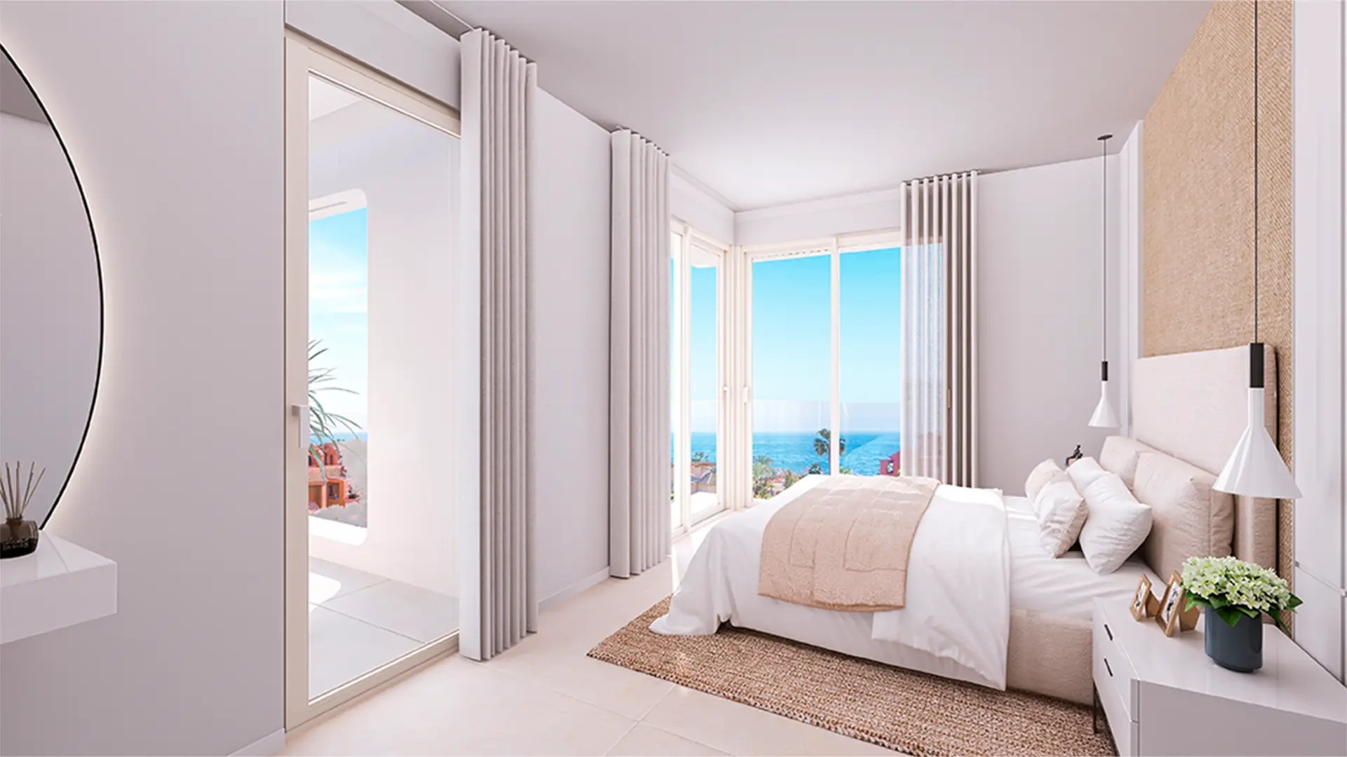 Illustrative bright bedroom in a Buenas Noches apartment