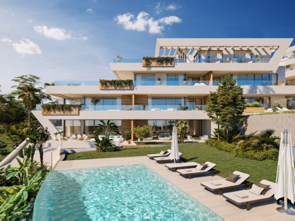 Architectural illustration of apartments and a communal pool in Cabopino