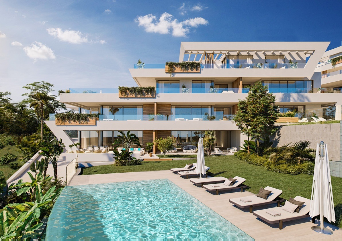 Architectural illustration of apartments and a communal pool in Cabopino