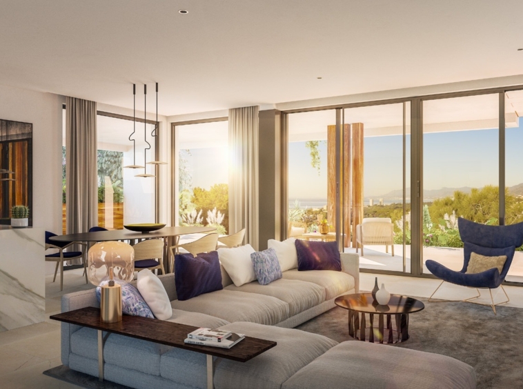 Illustrated living room opening towards the terrace