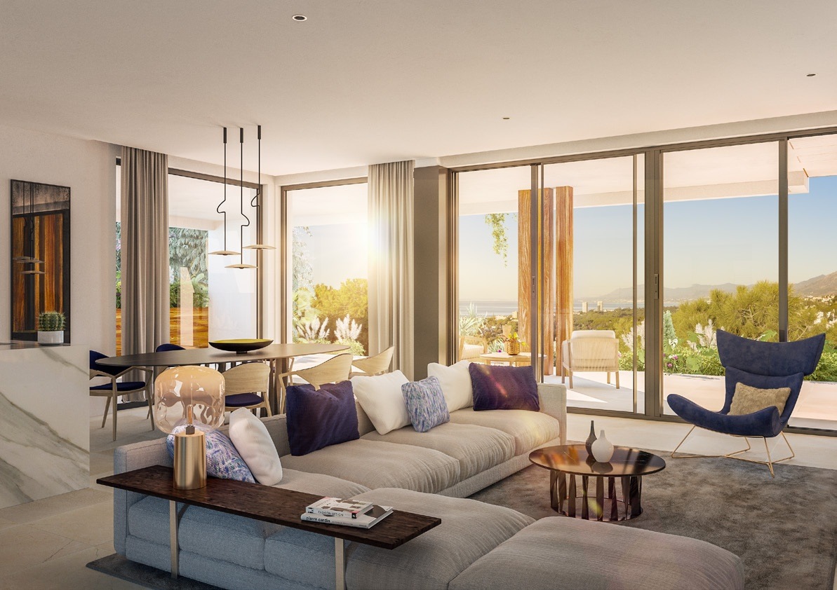 Illustrated living room opening towards the terrace