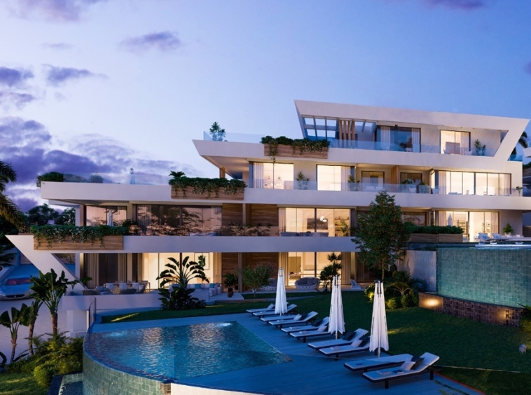Illustration of the communal pool and buildings at dusk