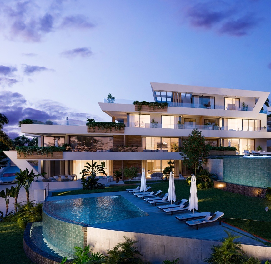 Illustration of the communal pool and buildings at dusk