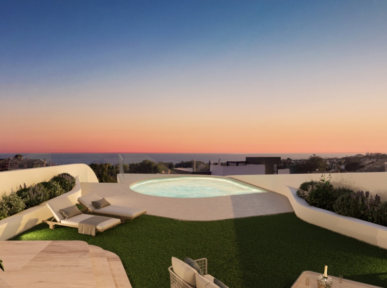 Illustrated private garden and swimming pool at dusk